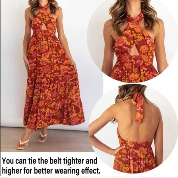 ZESICA Crossover Halter Neck Sleeveless Cut Out Backless Orangerust Floral Maxi - Picture 7 of 9